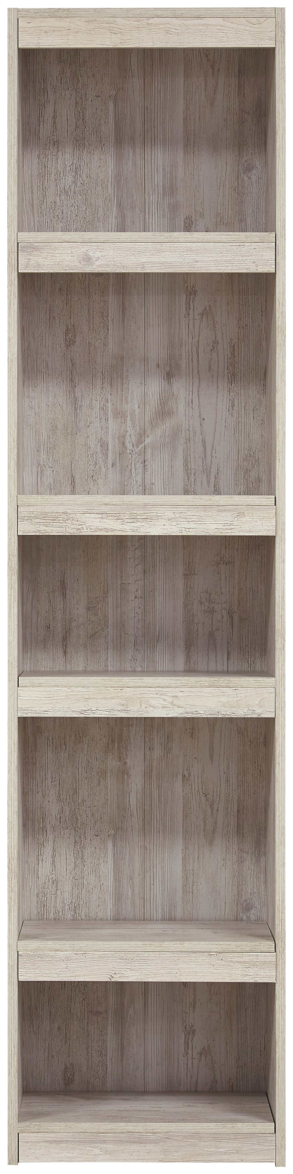 Whitewash wood bookcase with four open compartments and shelves