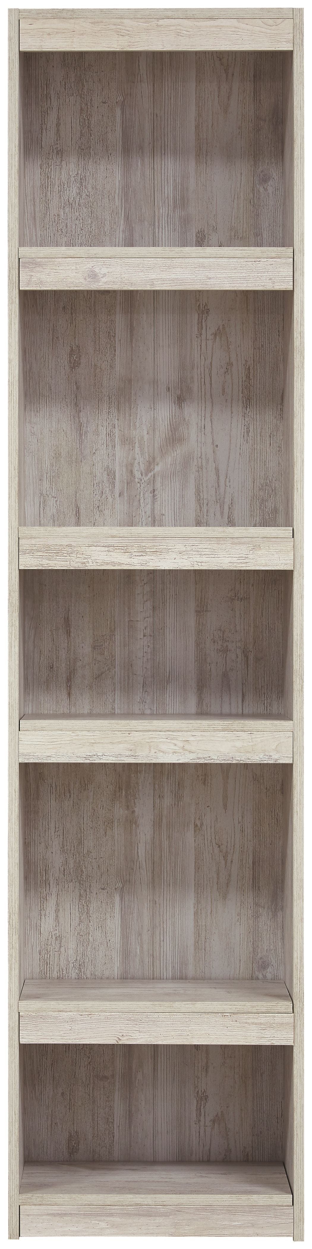 Whitewash wood bookcase with four open compartments and shelves