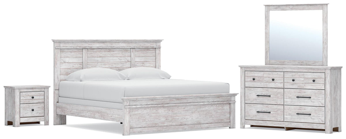 Panel bedroom set with bed, dresser, mirror, and nightstand in light gray