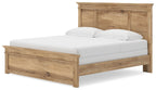 Light brown panel bed with tall headboard, platform frame, and white mattress with pillows.