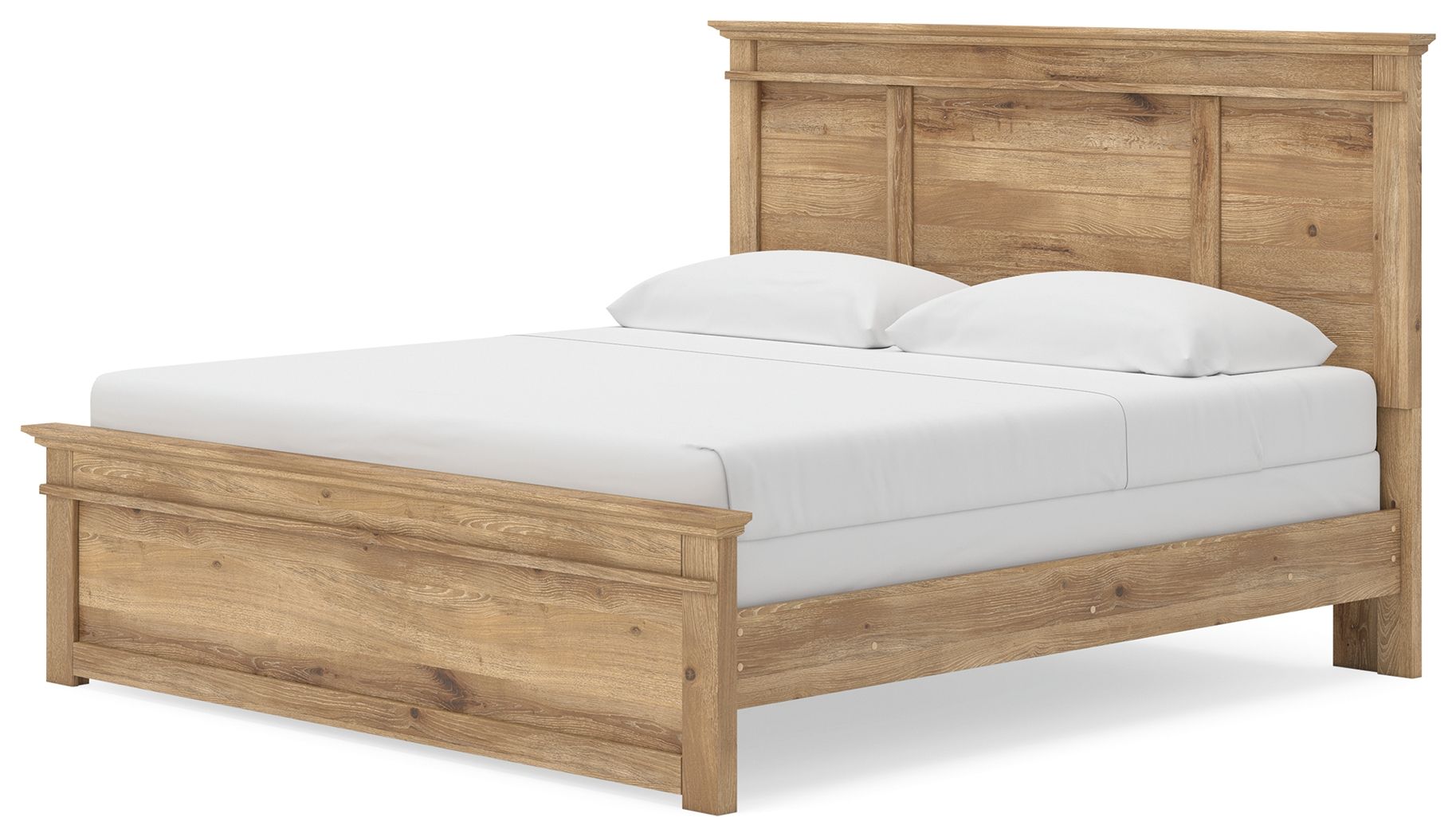 Light brown panel bed with tall headboard, platform frame, and white mattress with pillows.
