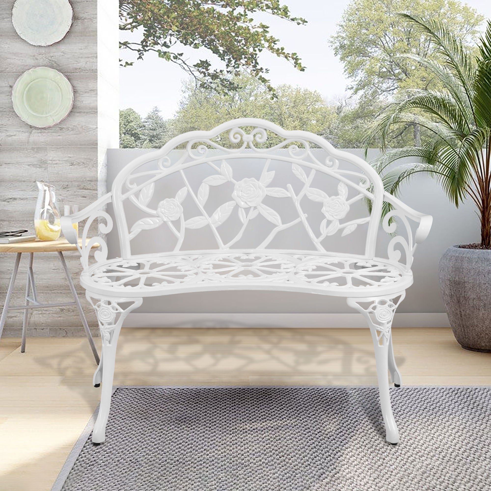 Patio Outdoor Bench, White Cast-Aluminum Garden Benches Metal Loveseat Outdoor Furniture For Park Lawn Front Porch