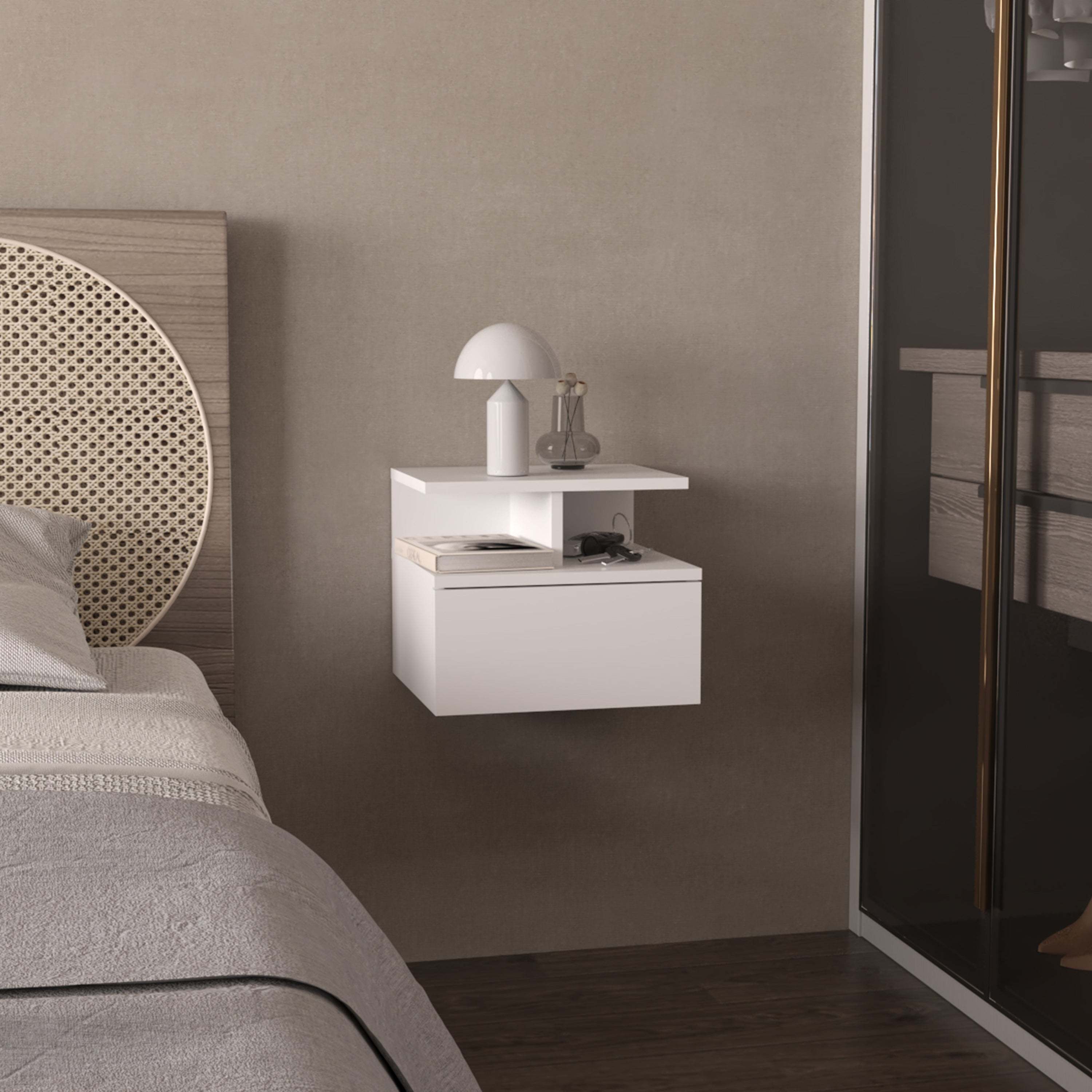 White 1-Drawer Floating Nightstand: Modern Wall Mount Bedside Storage