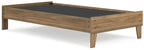 Light brown platform bed frame with dark slat base and square posts
