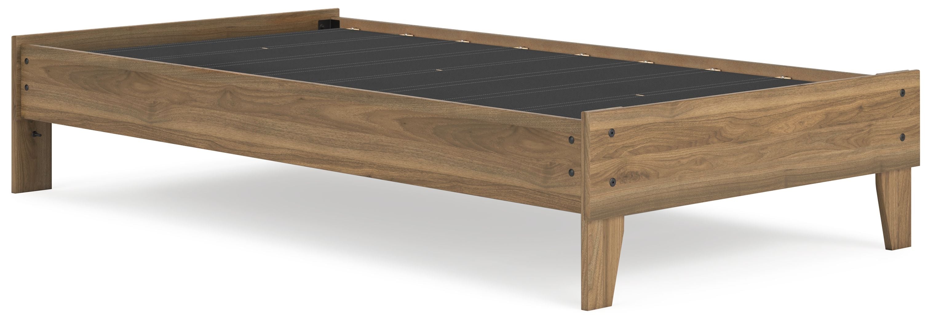 Light brown platform bed frame with dark slat base and square posts