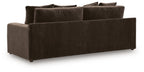 Dark brown fabric sofa with three seat cushions and four back pillows, low square arms