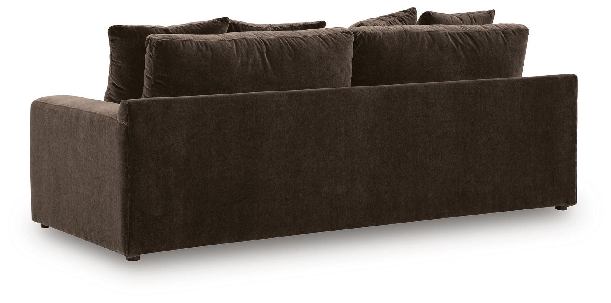 Dark brown fabric sofa with three seat cushions and four back pillows, low square arms
