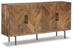 Brown accent cabinet with four front doors and black bar handles