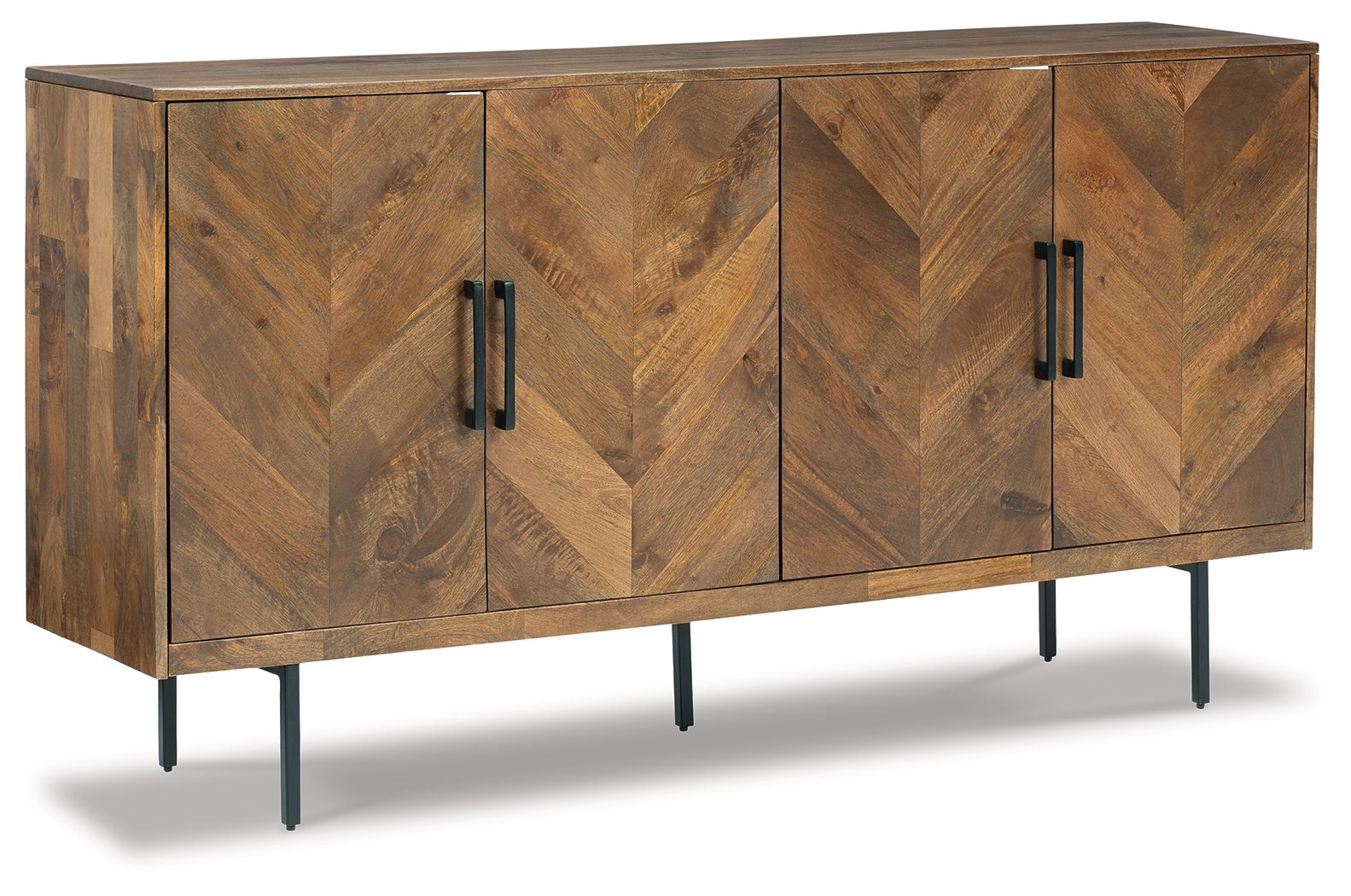 Brown accent cabinet with four front doors and black bar handles