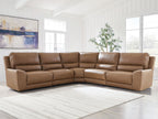 Power reclining sectional with corner chaise and smooth armrests in tan-brown leather