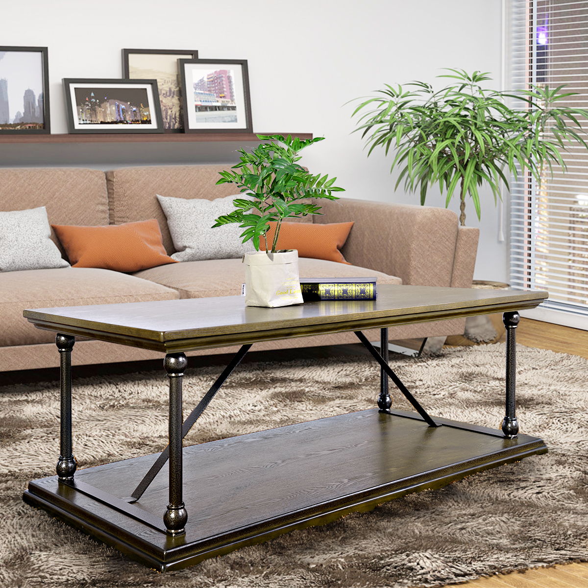 47.2" W X 23.6" D X 16.9" H Country Style Coffee Table With Bottom Shelf - Brown & Black