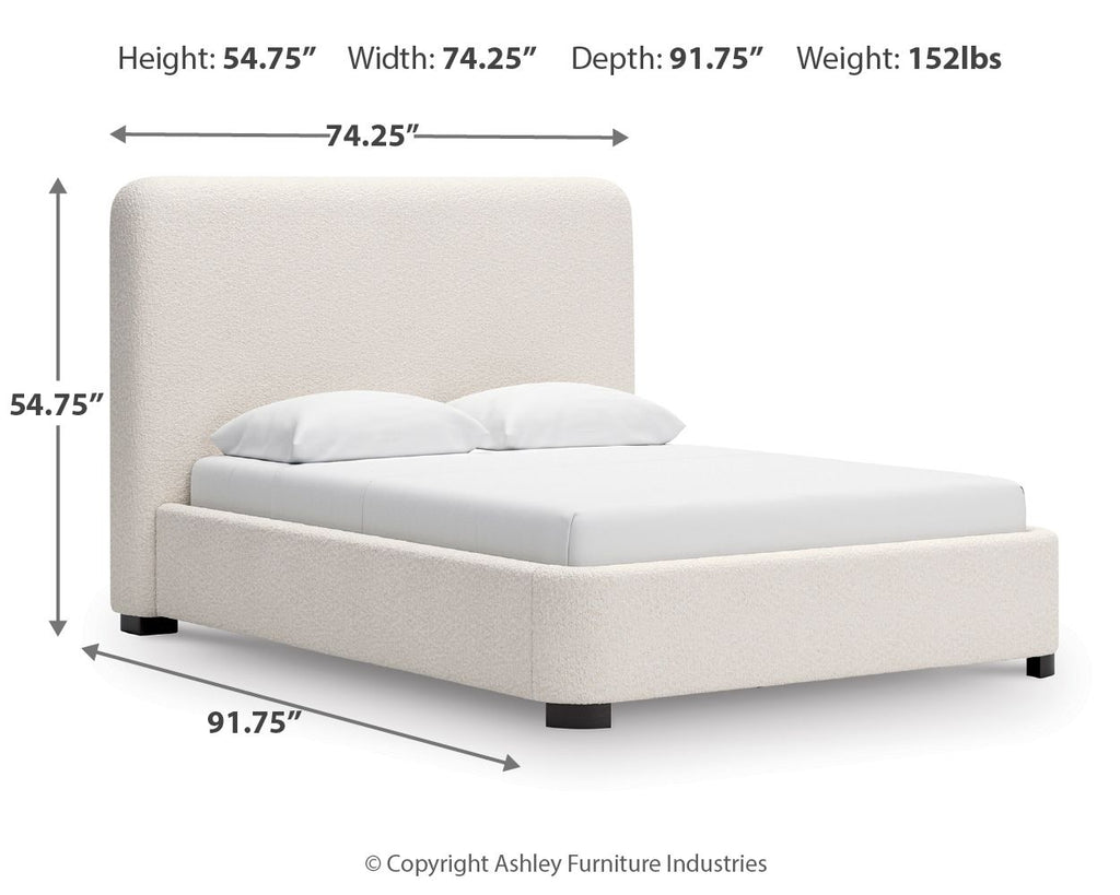 Beige upholstered bed with tall headboard and block legs; size dimensions shown