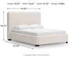 Beige upholstered bed with tall headboard and block legs; size dimensions shown