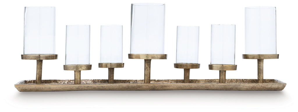 Antique brass candle holder tray with seven clear glass candle cups