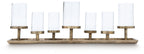 Antique brass candle holder tray with seven clear glass candle cups