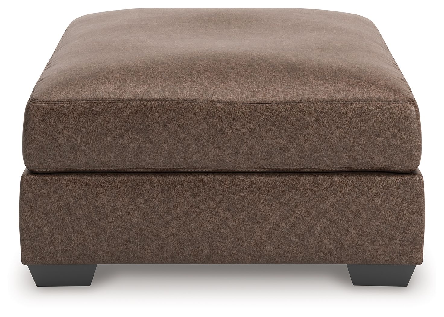 Oversized accent ottoman in dark brown upholstered fabric with low block legs