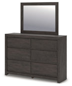 Charcoal dresser with square mirror; six drawer fronts and cabinet panel details