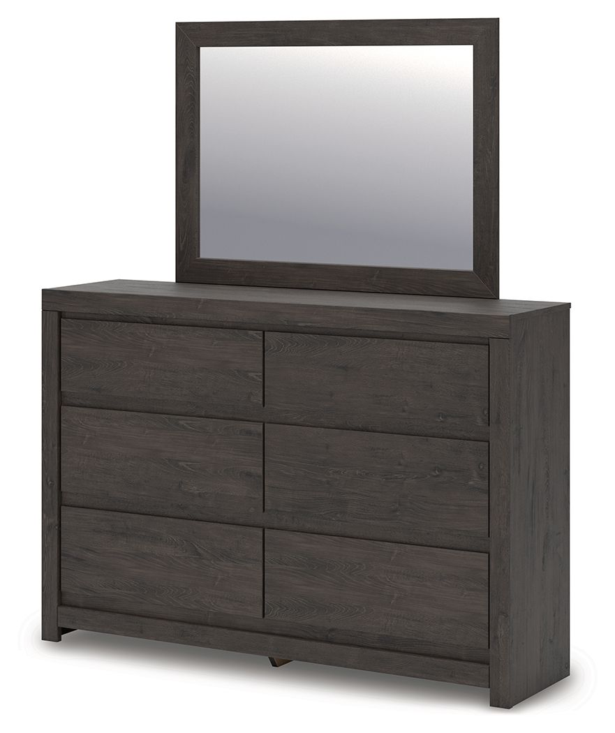 Charcoal dresser with square mirror; six drawer fronts and cabinet panel details