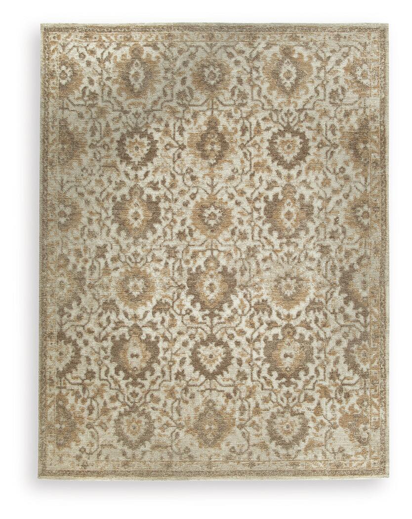Light brown patterned area rug with symmetrical damask medallion motifs