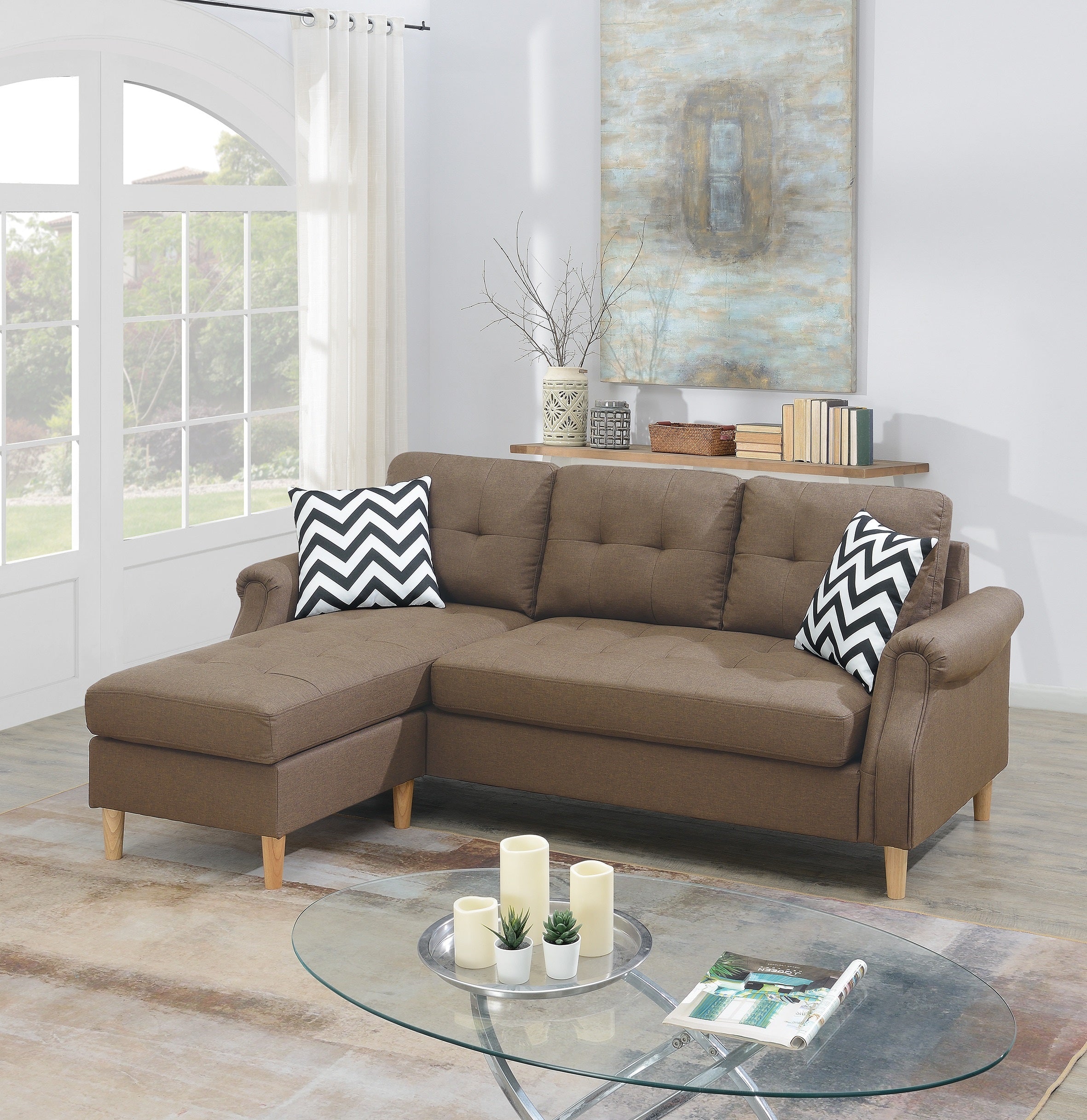 Light Coffee Polyfiber Reversible Corner Chaise Sectional