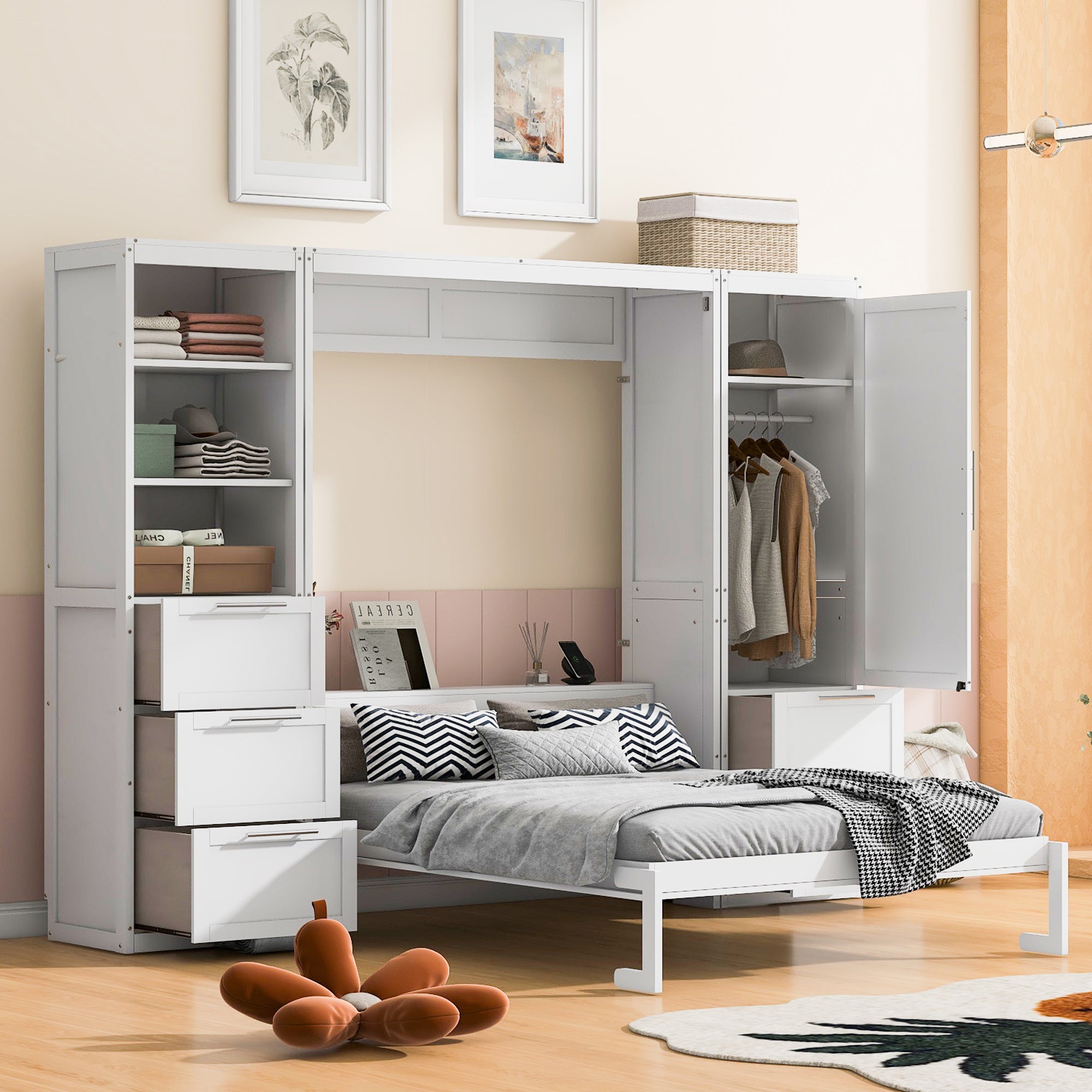 White Queen Murphy Wall Bed: Closet, Drawers & Shelves