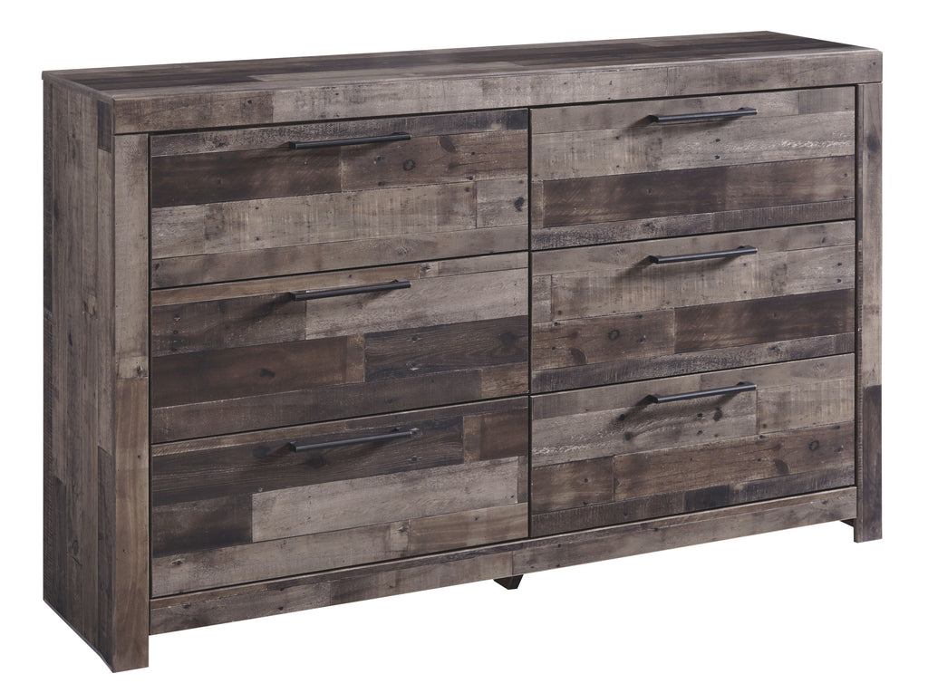 Gray wood dresser with six drawers and metal bar pulls