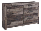 Gray wood dresser with six drawers and metal bar pulls