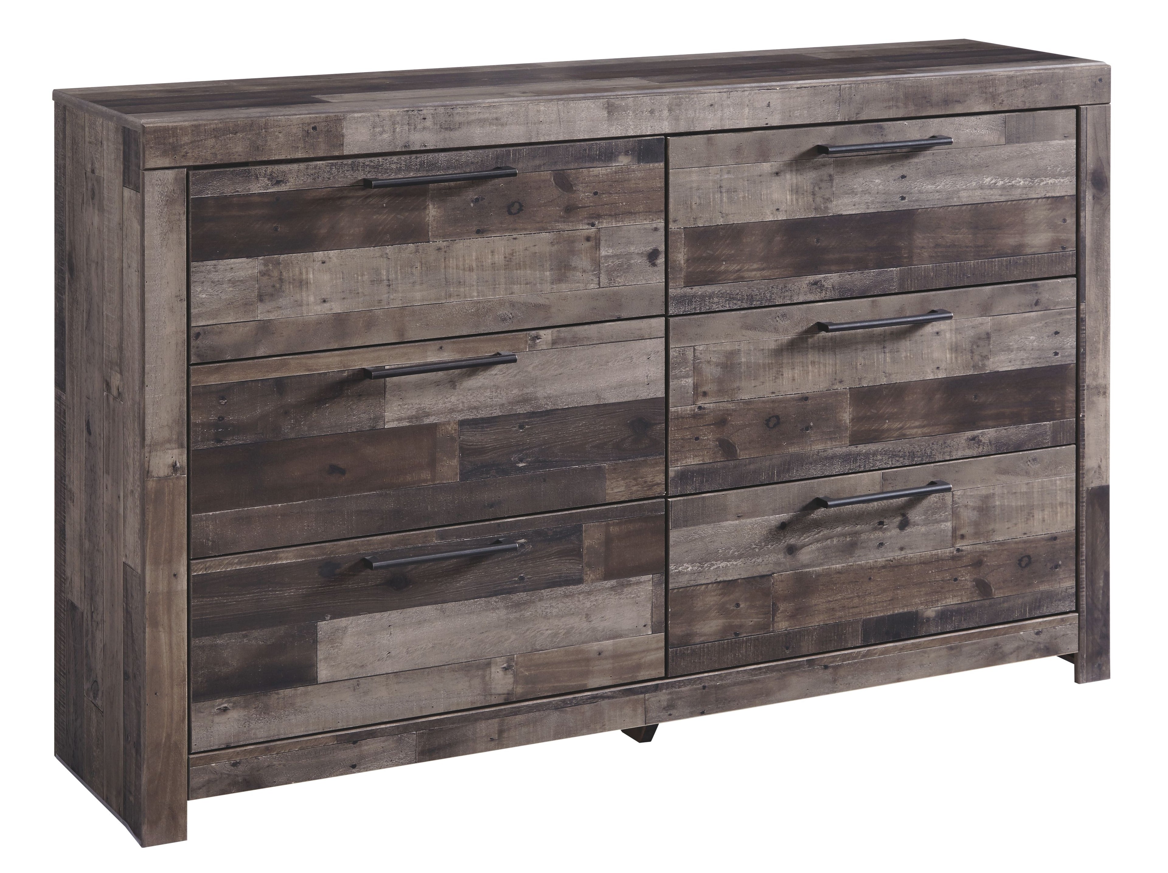 Gray wood dresser with six drawers and metal bar pulls