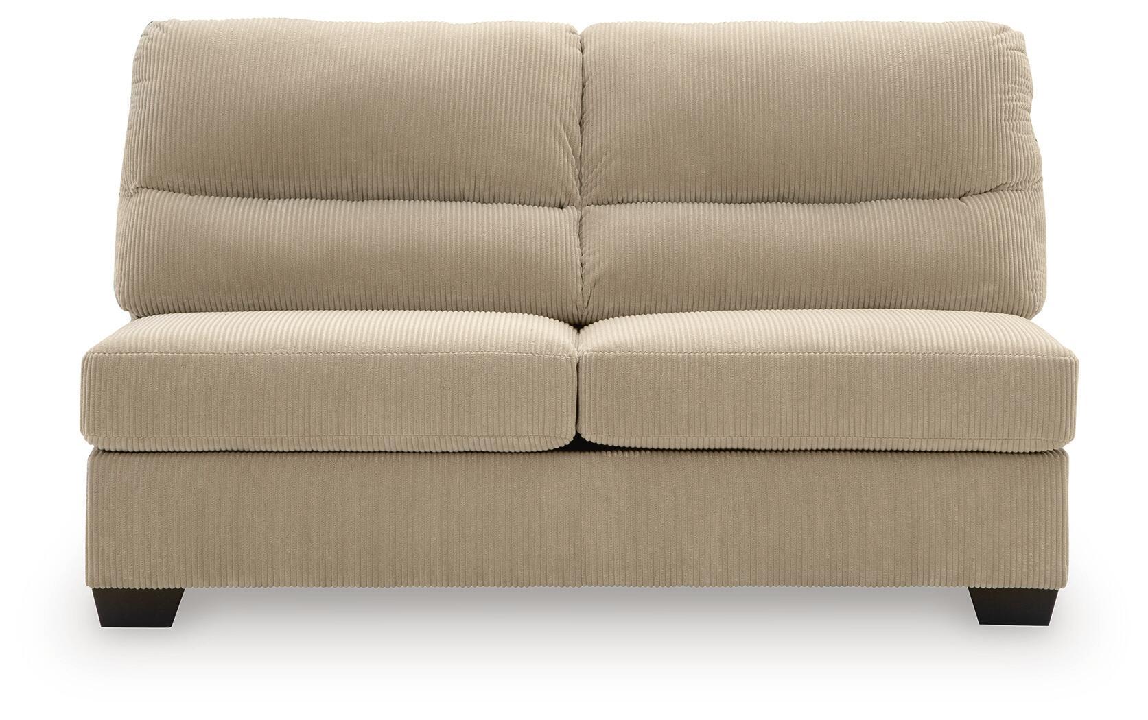 Sand armless loveseat with two-piece backrest, wide seat cushions, dark tapered legs