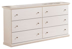 White dresser with six drawers and brass knob hardware