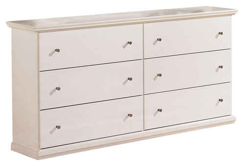 White dresser with six drawers and brass knob hardware