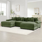 Green modular corduroy sectional sofa with back cushions and ottoman chaise