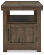 Rectangular end table with enclosed cabinet front, dark brown wood and lower shelf