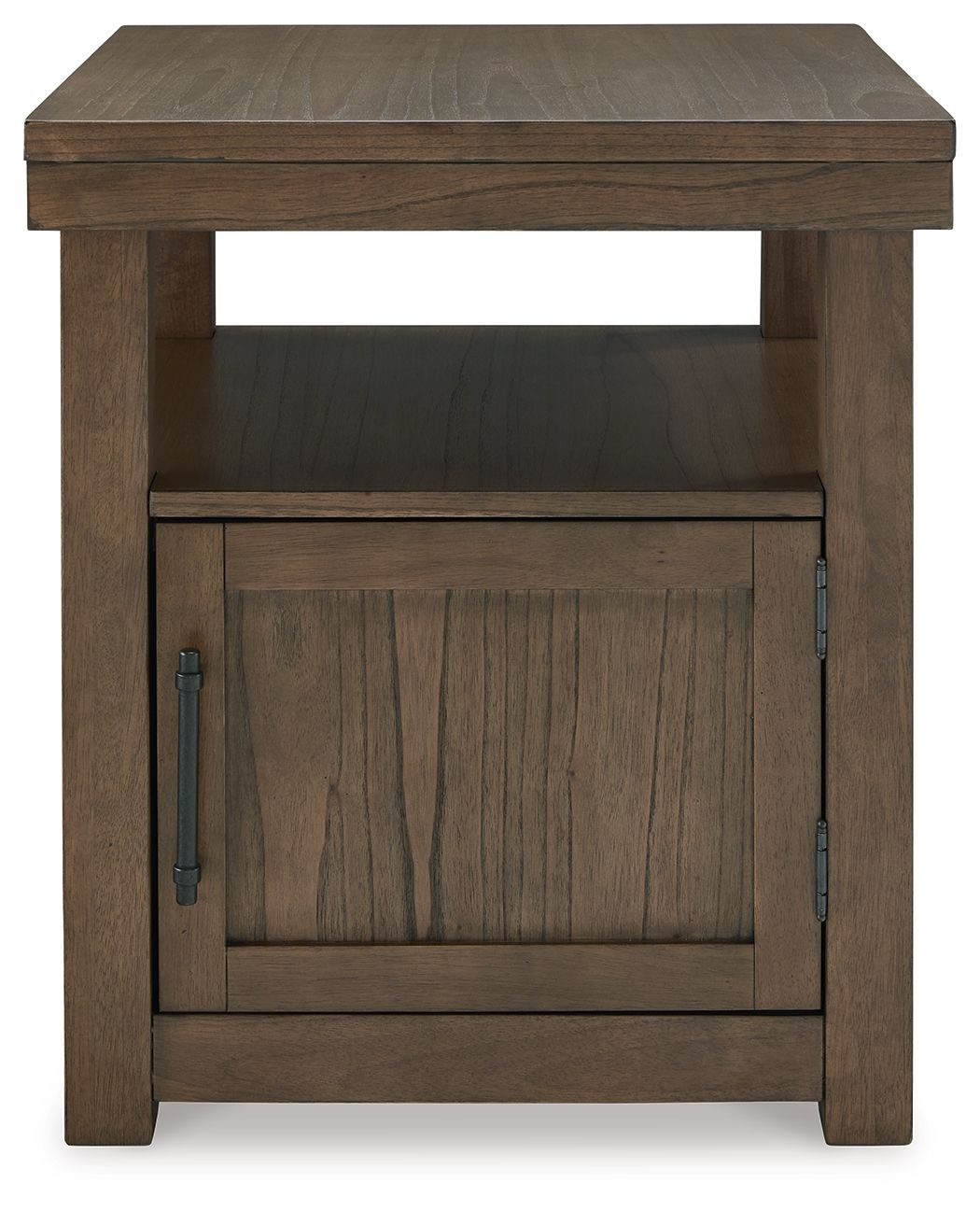 Rectangular end table with enclosed cabinet front, dark brown wood and lower shelf