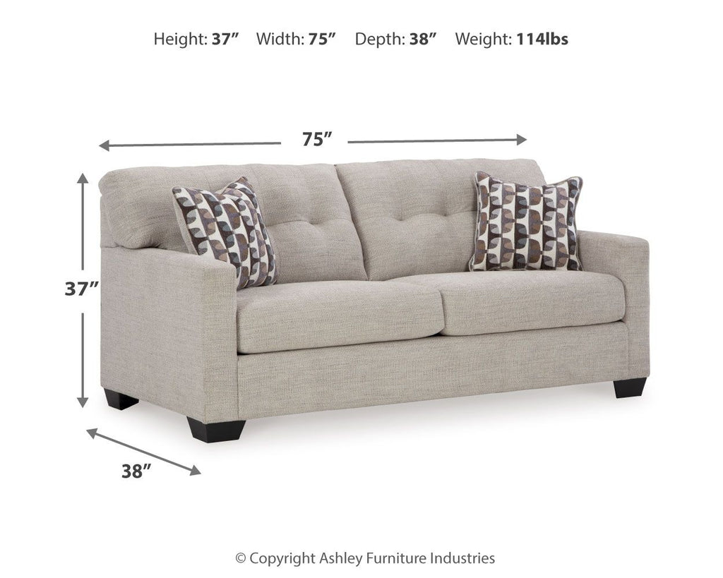 Light gray sofa: 75" W x 37" H x 38" D, with patterned throw pillows