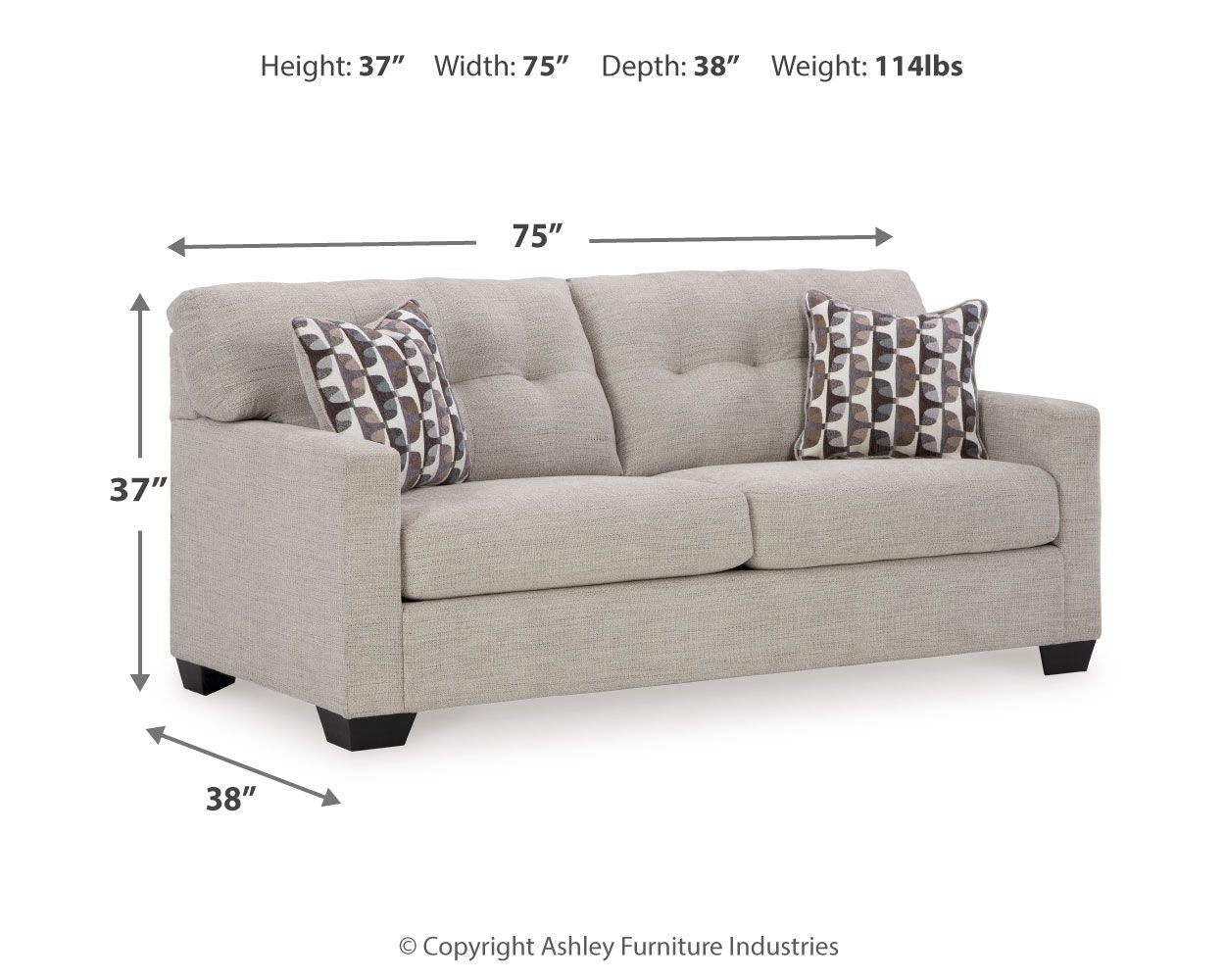 Light gray sofa: 75" W x 37" H x 38" D, with patterned throw pillows
