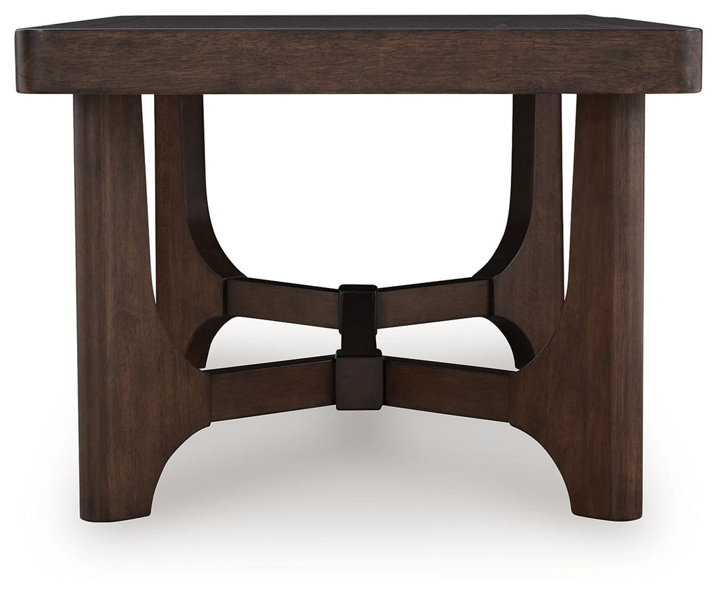 Dark brown rectangular table with pedestal-style base and open apron