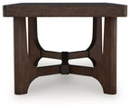 Dark brown rectangular table with pedestal-style base and open apron