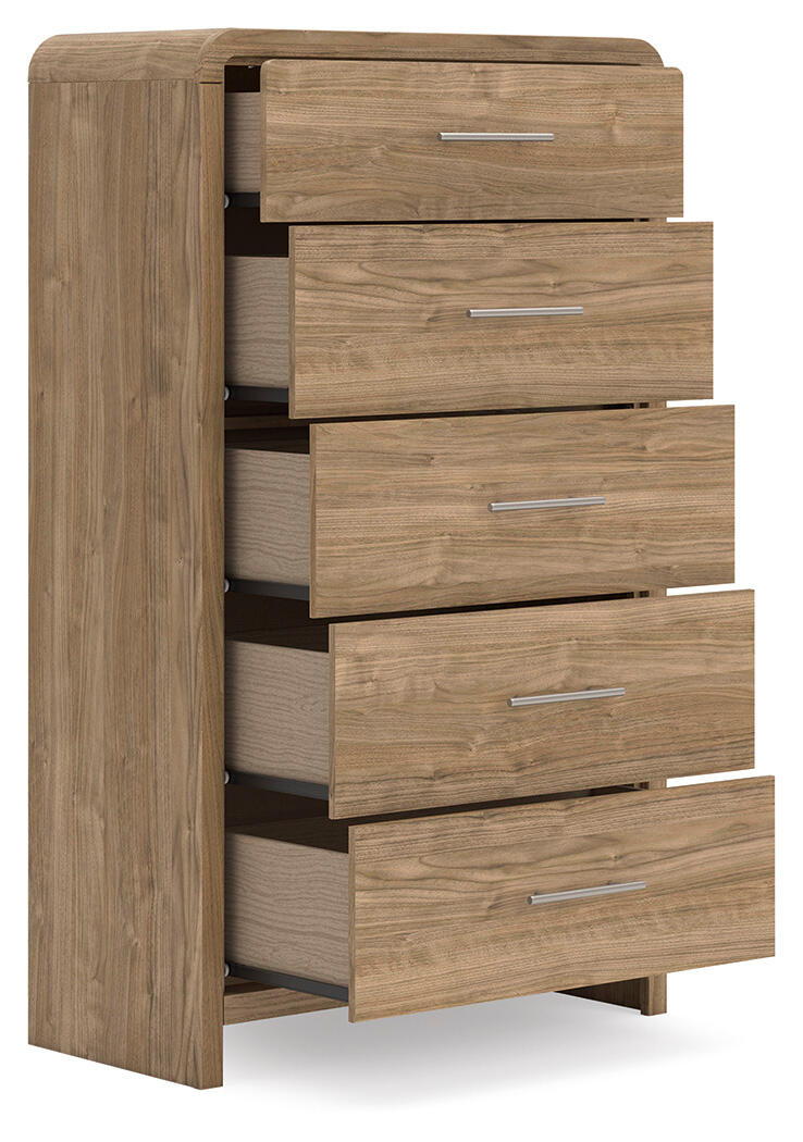Five-drawer chest in warm natural brown wood with metal bar pulls, drawers partially open.