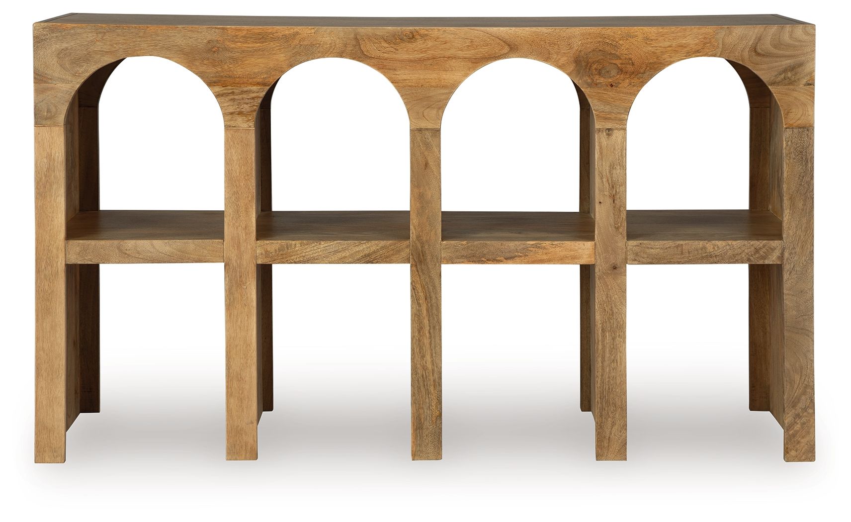 Natural brown wooden console sofa table with four arched cutouts and open shelves