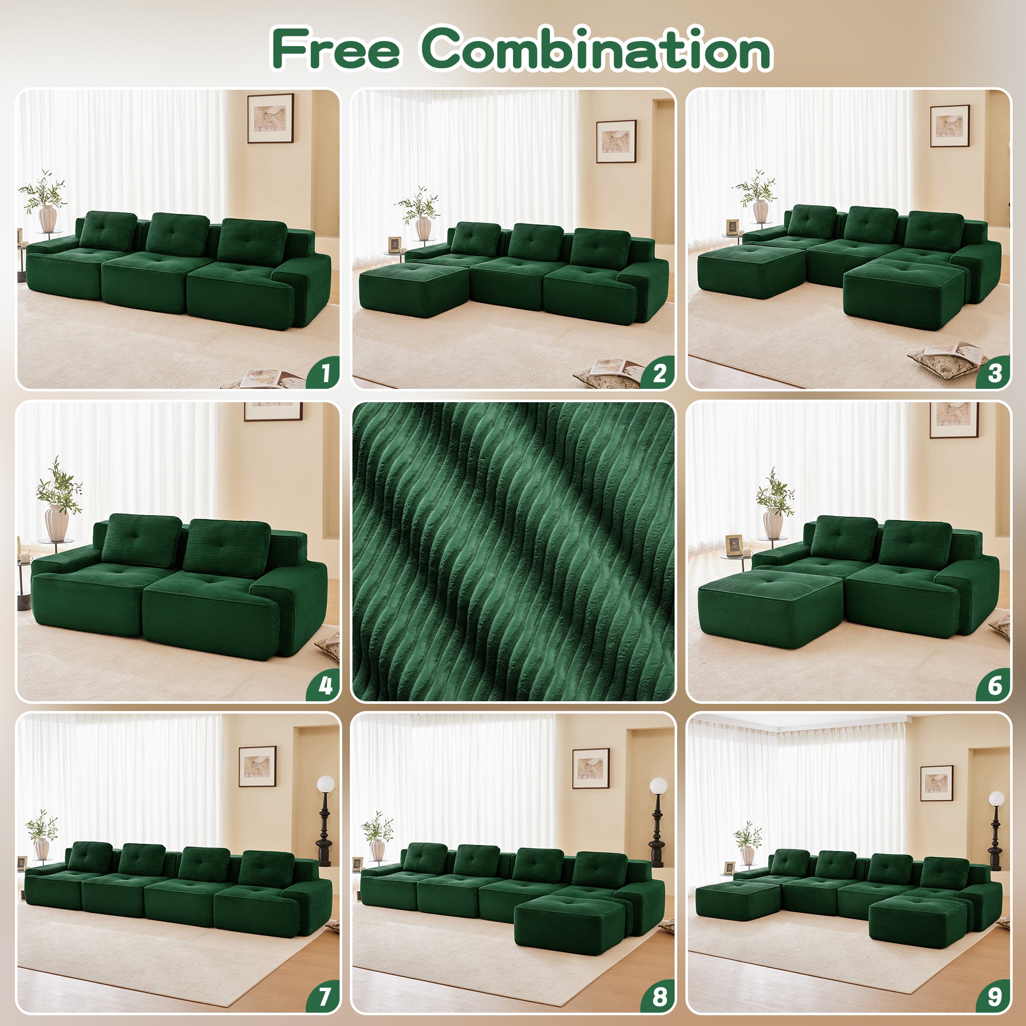 Modular green corduroy sectional with ottoman in several configurations