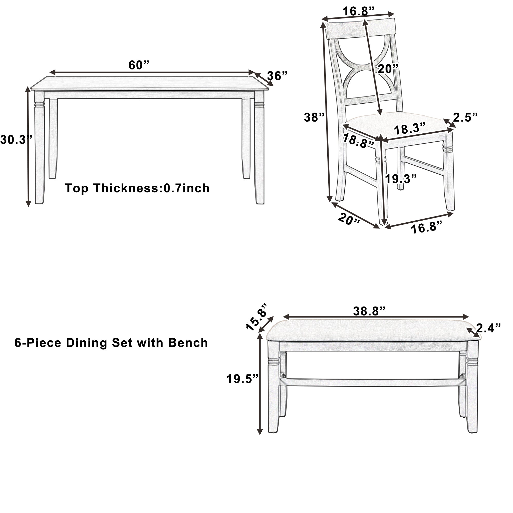 6-Piece Farmhouse Dining Set w/ Bench & Chairs