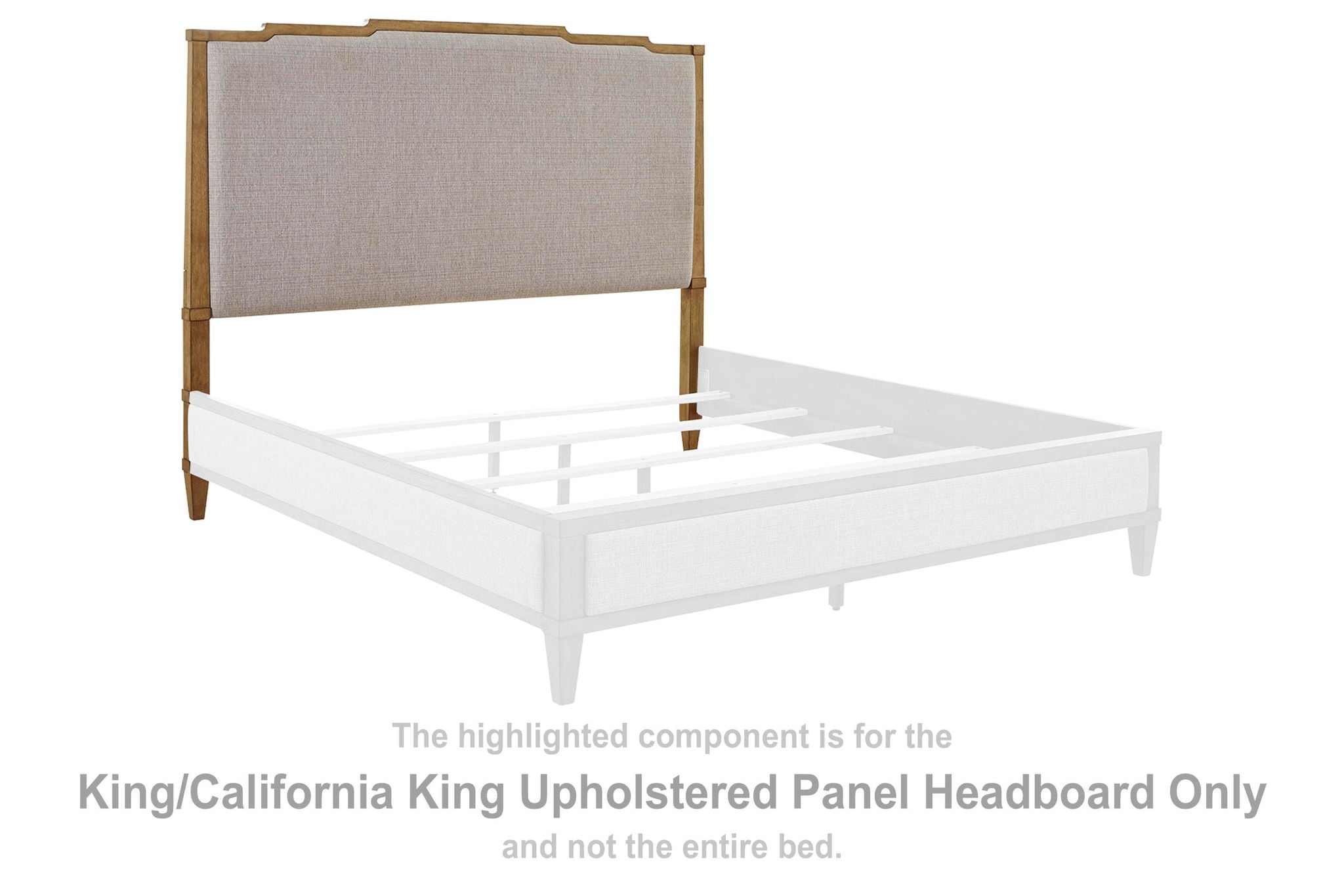 Upholstered panel headboard with light gray fabric and brown wood frame, tall rectangular shape