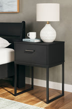 Black night stand with one drawer and metal bar handle, open under-frame.