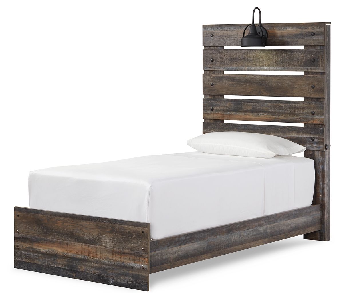 Panel bed with slatted headboard and dark wood frame, white mattress with pillows