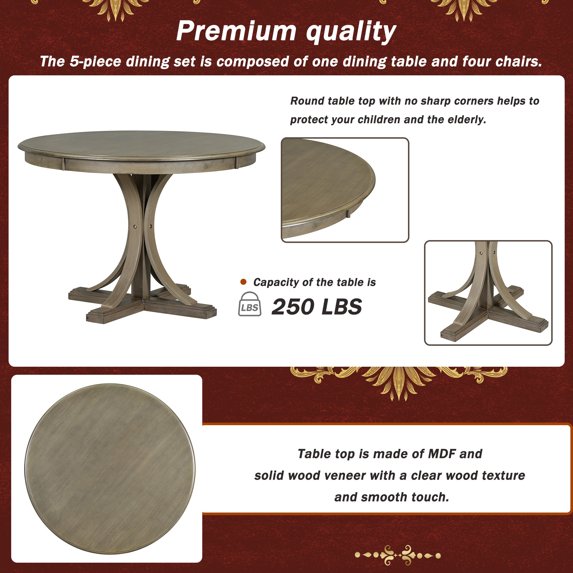 5-Pc Retro Round Dining Table Set (Taupe)