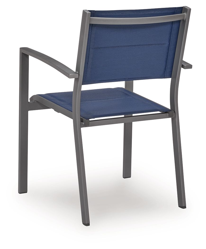 Blue sling arm chair with gray frame, padded seat and back, curved armrests