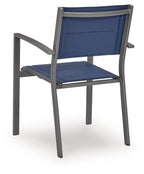 Blue sling arm chair with gray frame, padded seat and back, curved armrests
