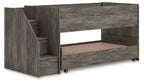 Gray twin-over-twin loft bed with ladder and lower slatted platform under top rail