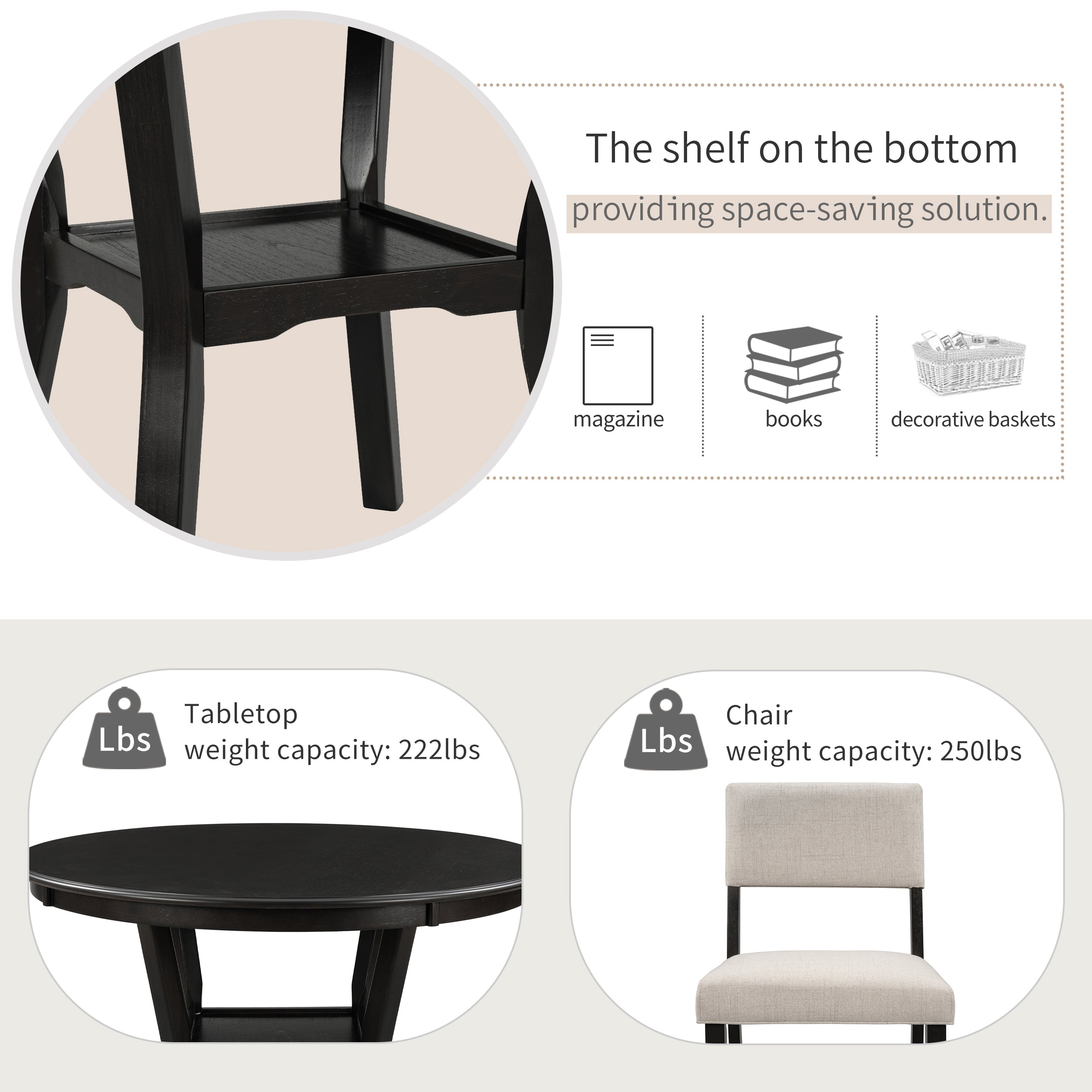 5-Pc Dining Set w/ Round Table & Chairs (Espresso)
